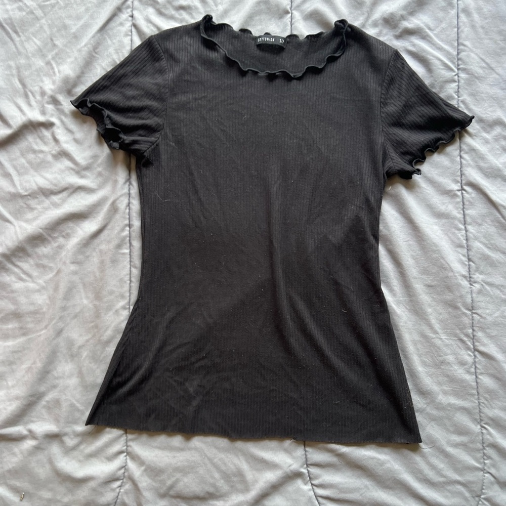 Cotton On Gray Fitted Ruffled T-Shirt with Peter Pan Collar